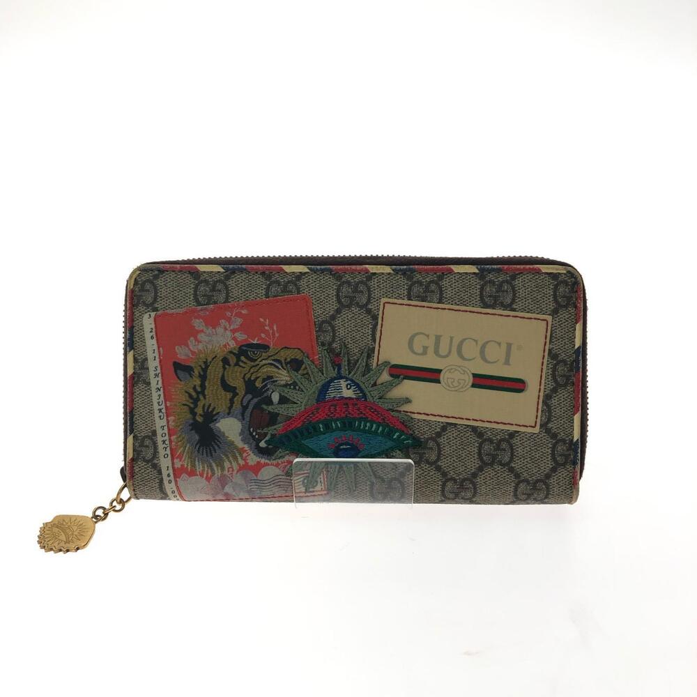 GUCCI Long Wallet Round Zip GG Supreme Courier Zippy Tiger Beige